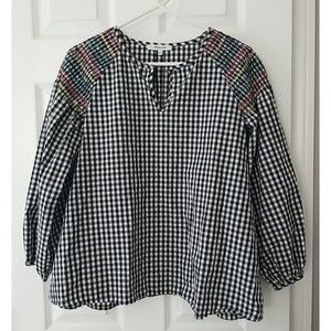 Madewell Smocked Gingham Top Womens Check V-Neck Oversized Peasant Blouse Small